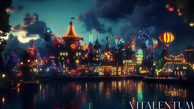 Neon harbor carnival city shimmering under pixelated dusk.