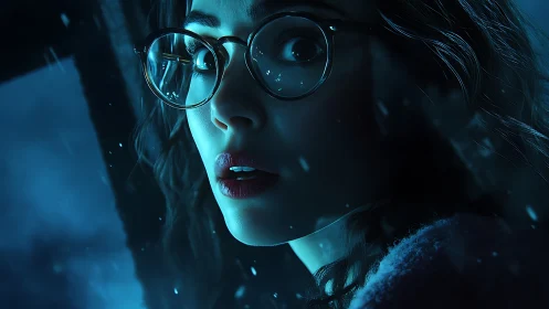 Midnight gaze in snowfall, framed by ghostly blue mystery.