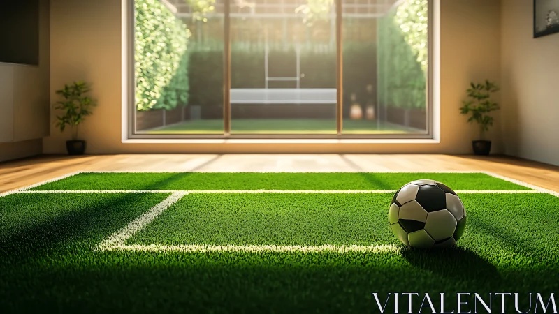 Indoor mini pitch with soccer ball in sunlit modern living room