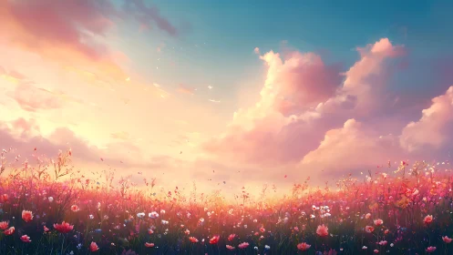 Sunset sky over wide wildflower meadow in soft light.