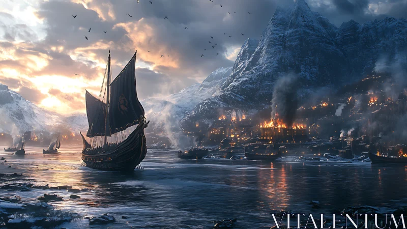 Viking longship near burning Nordic coastal settlement at dusk.