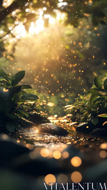 Sunlit forest stream with glowing particles in shallow focus