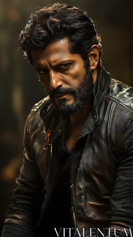 Bearded man in worn leather jacket under dramatic lighting.