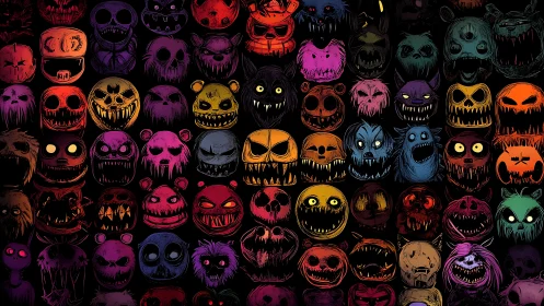 Grid of monstrous neon masks in stylized horror illustration.