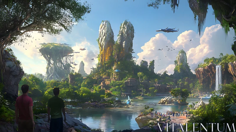 Fantastical landscape with towering rock formations and populated waterway