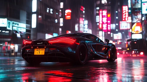 Supercar in neon lit rainy city street at night scene.