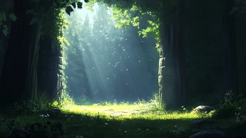 Enchanted forest clearing bathed in golden sunlight.