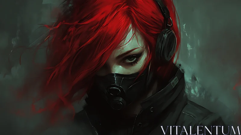 Red haired figure with respirator mask and headphones portrait.