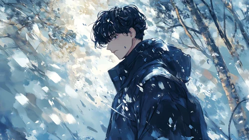 Quiet winter wanderer pausing in swirling blue snowfall.