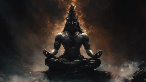Cosmic meditator crowned in firelit shadows of stillness.