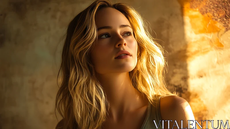 Woman with blonde wavy hair lit by warm directional sunlight