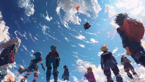 Wide angle anime skyward shot of teen heroes under dynamic clouds