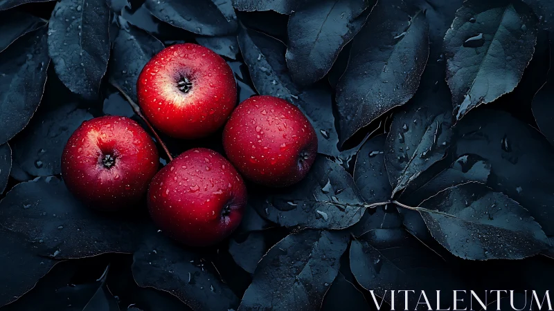 Four ruby red apples rest calmly on dark dewy leaves