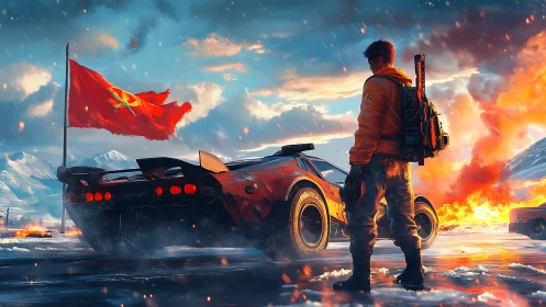 Lone rebel surveys a burning arctic battlefield at dusk