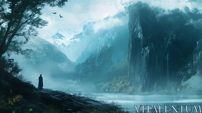 Solitary wanderer beside misty glacial cliffs at dawn.