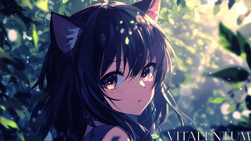Backlit anime catgirl portrait in luminous forest bokeh