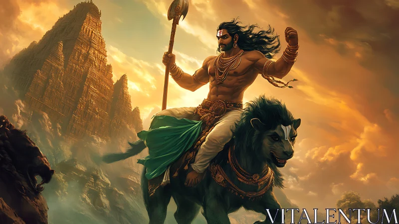Warrior deity riding armored lion before steep stone temple
