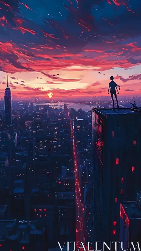 Silhouetted figure on rooftop above dense city at sunset.