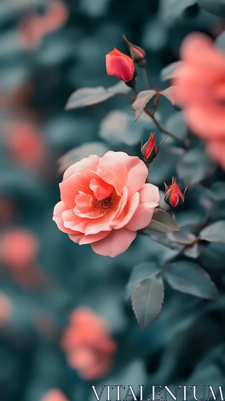 Coral rose bloom with unopened buds and blue-toned foliage composition