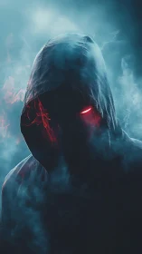 Shadowed hooded figure glows with eerie red light in mist