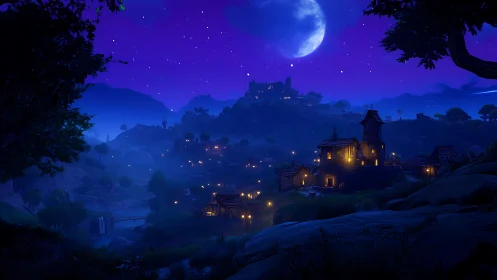Moonlit low-poly valley with volumetric fog and warm village lights