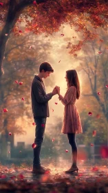 Young couple holding hands in autumn forest with falling red leaves