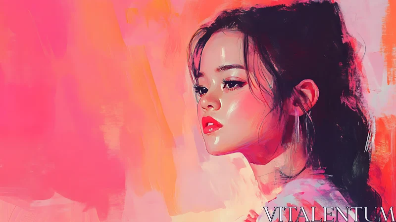Digital portrait of young woman on vivid pink backdrop.
