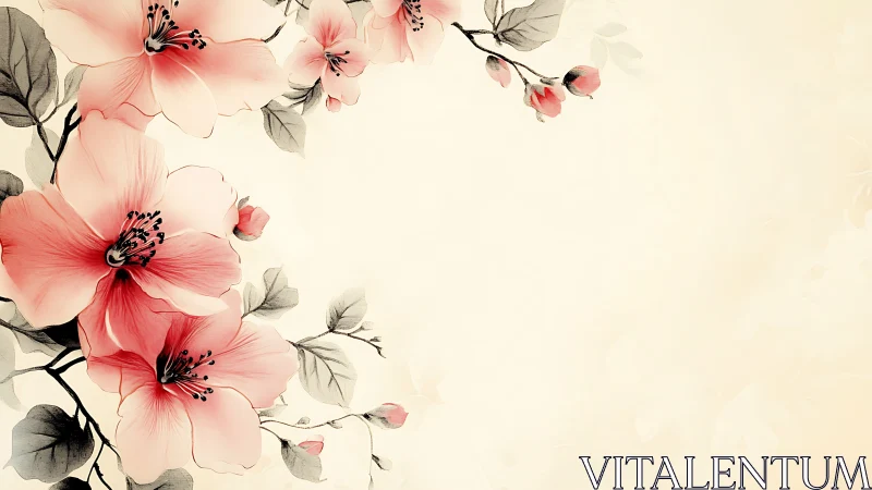 Botanical watercolor floral arrangement with soft pink blooms and branches.