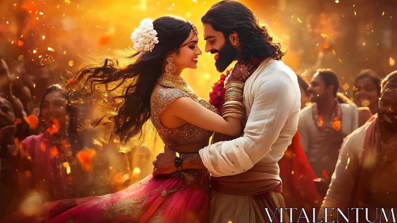 Backlit Indian couple dancing amid warm bokeh and motion blur