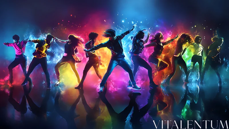 Joyful dancers moving through vibrant clouds of color.