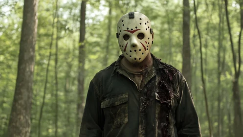 Masked horror figure standing in damaged clothes in forest.