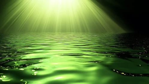 Luminous green water surface catches radiating overhead light
