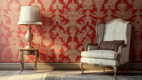 Wingback armchair and side table stand against patterned wall