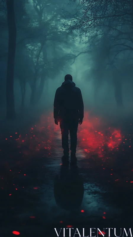 Solitary figure walks through foggy forest with red embers below
