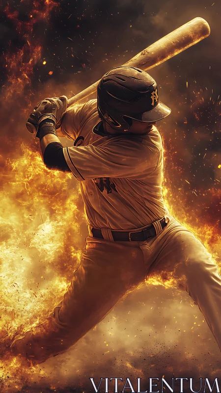 Baseball slugger framed in dynamic inferno lighting burst.