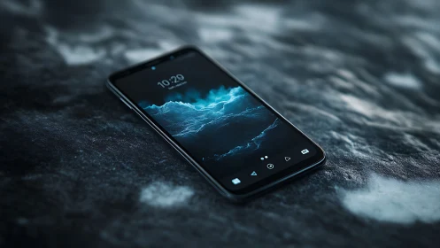 Dark smartphone displaying blue digital wave pattern on textured surface