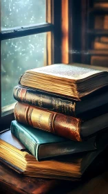 Old leather books rest by a rainy, softly glowing window.