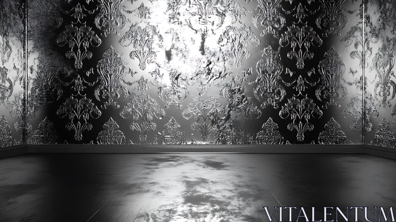 Metallic damask corner interior with reflective wall reliefs.