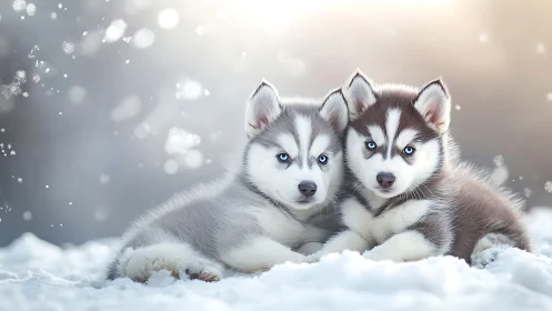 Blue-eyed husky puppies resting on snow in soft backlight.
