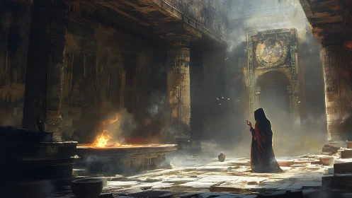 Mystic robed figure pauses in a ruined temple of fire and light