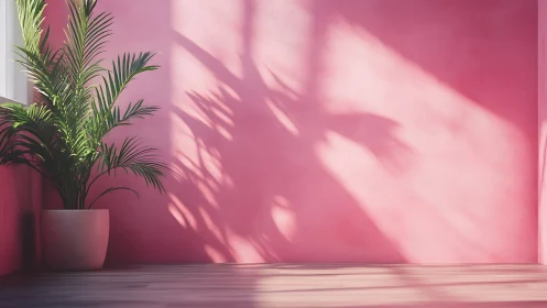 Potted palm against bright pink wall in sunny corner.