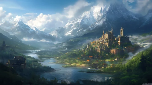Majestic riverside kingdom nestles beneath looming snowy peaks.