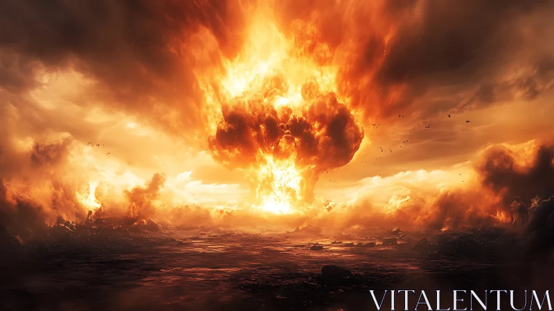 Photorealistic inferno blast over desolate wasteland horizon.