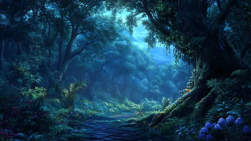 Temperate forest landscape with cave opening and luminous clearing.