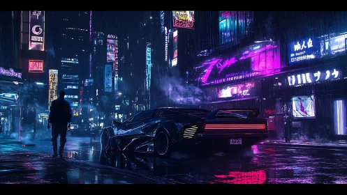 Neon drenched cyberpunk alley with retrofuturist supercar at night