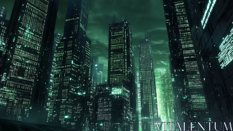 Neon green city towers glow warmly in a misty night sky