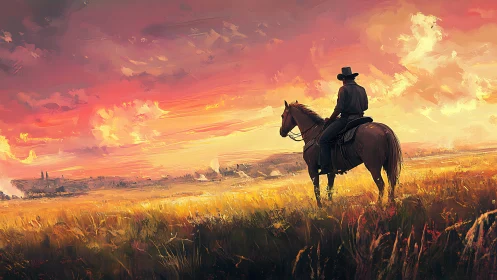 Lone rider observes sunset plain in high-saturation brushwork