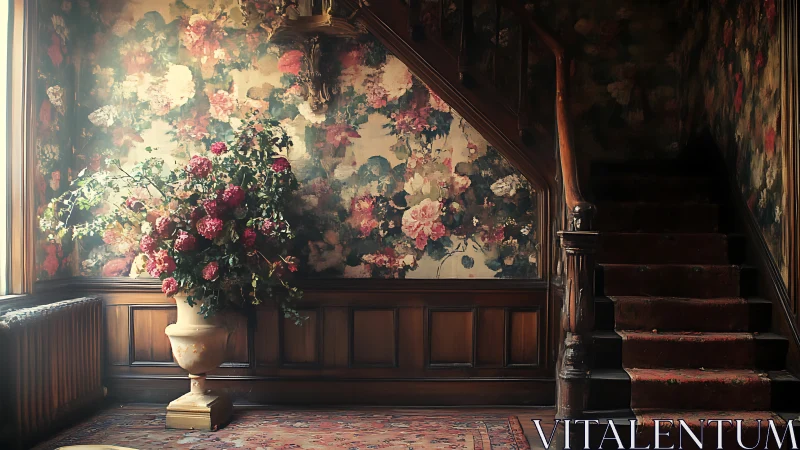 Vintage floral stairwell interior shows ornate wood details