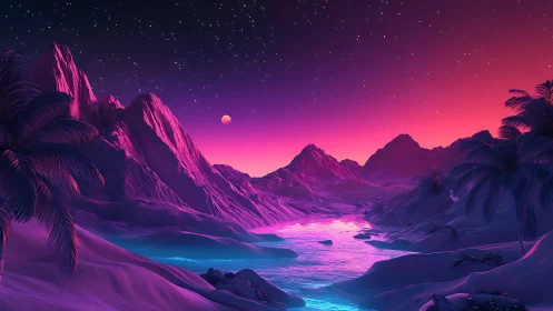 Neon bioluminescent river illuminates stylized alien tropics