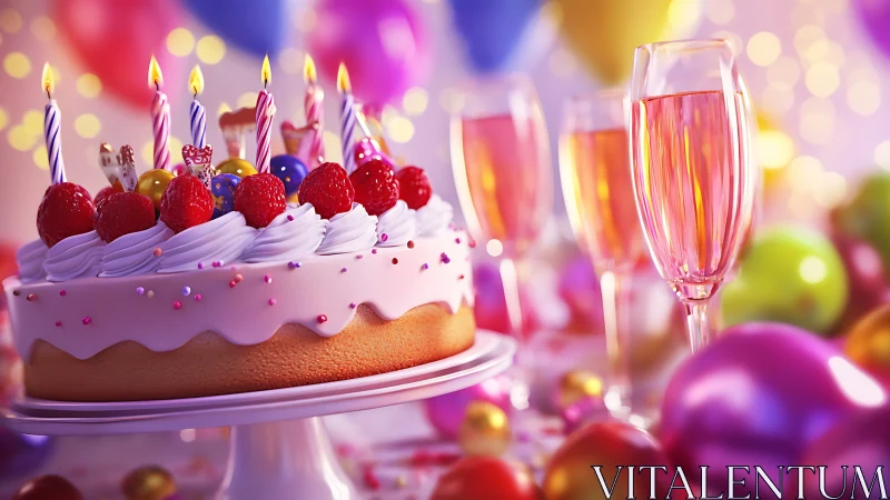 Decorated birthday cake with lit candles adjacent to champagne flutes.
